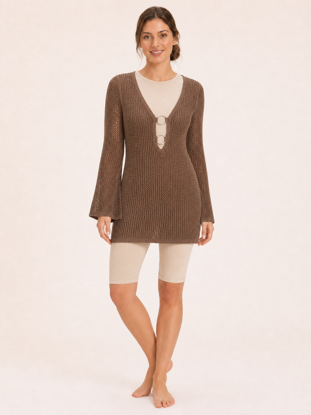 Women's mocha brown double-ring open-knit cover-up