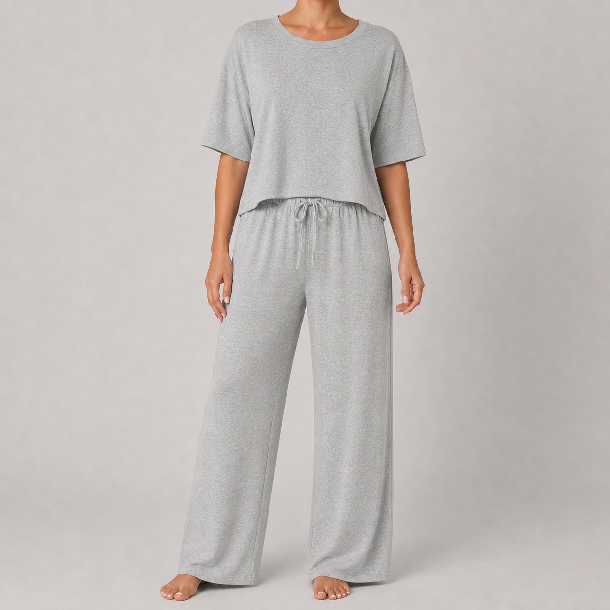 Light heather gray women's relaxed top and wide-leg pants lounge set