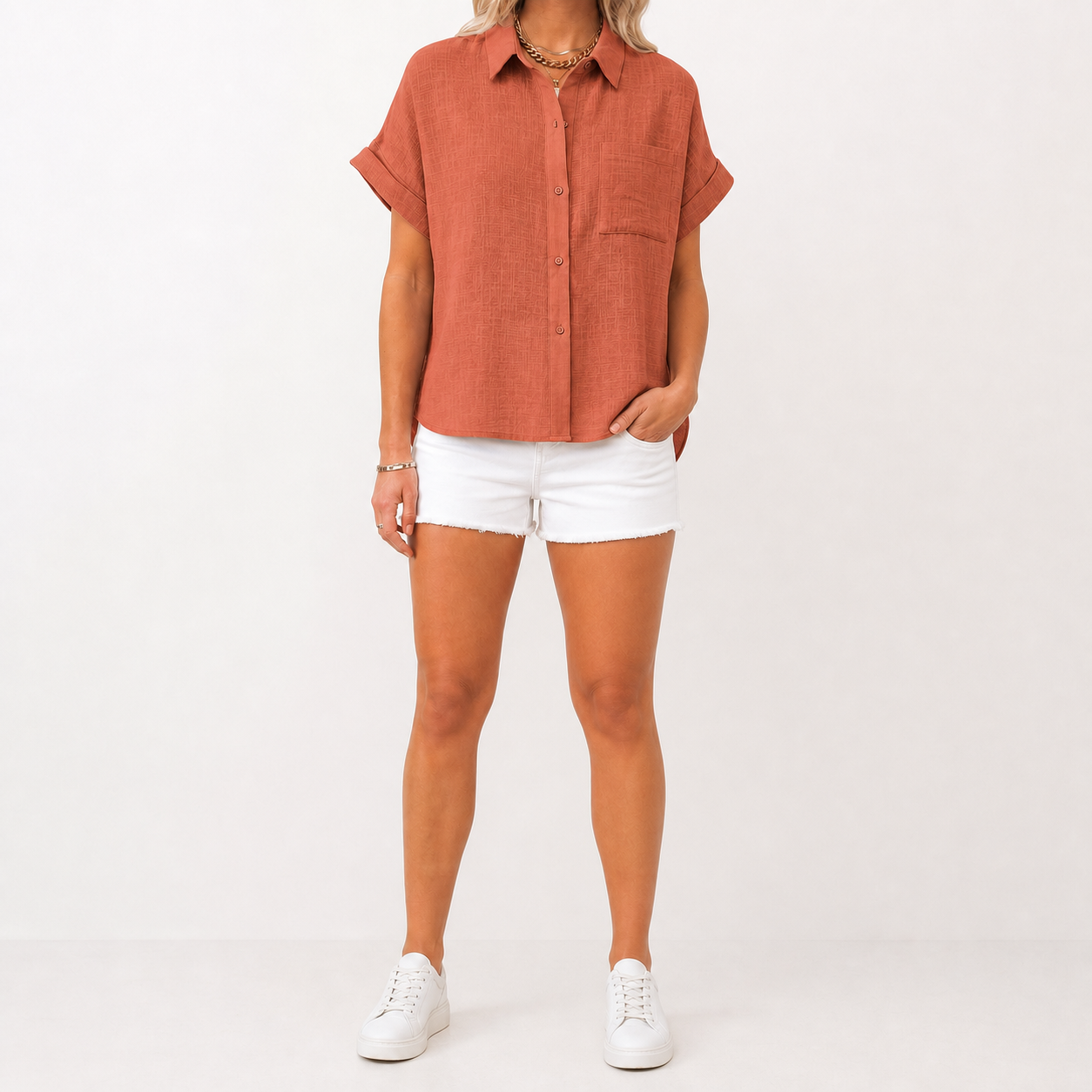 Terracotta women's textured short-sleeve button shirt