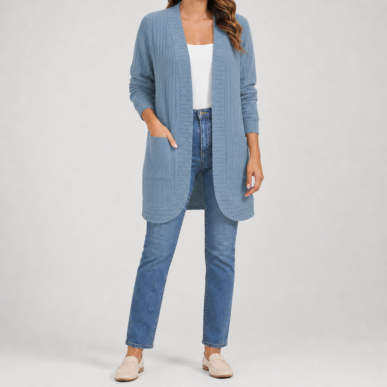 Soft blue women's ribbed open-front long cardigan