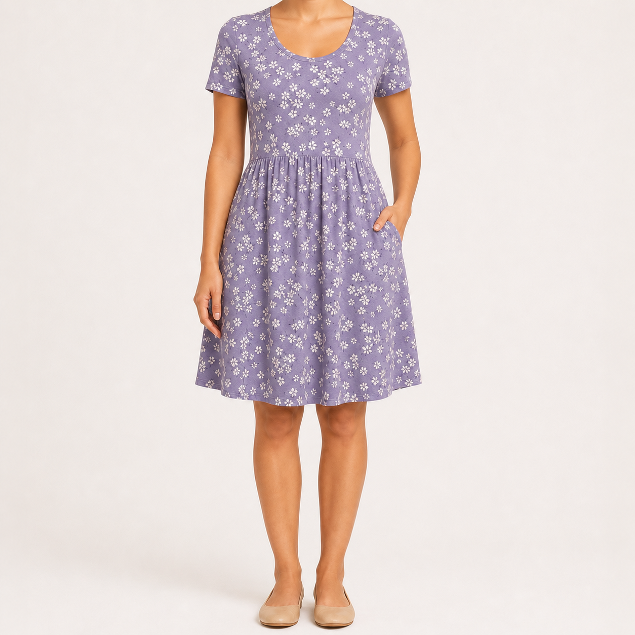 Muted lavender floral scoop neck pocket dress