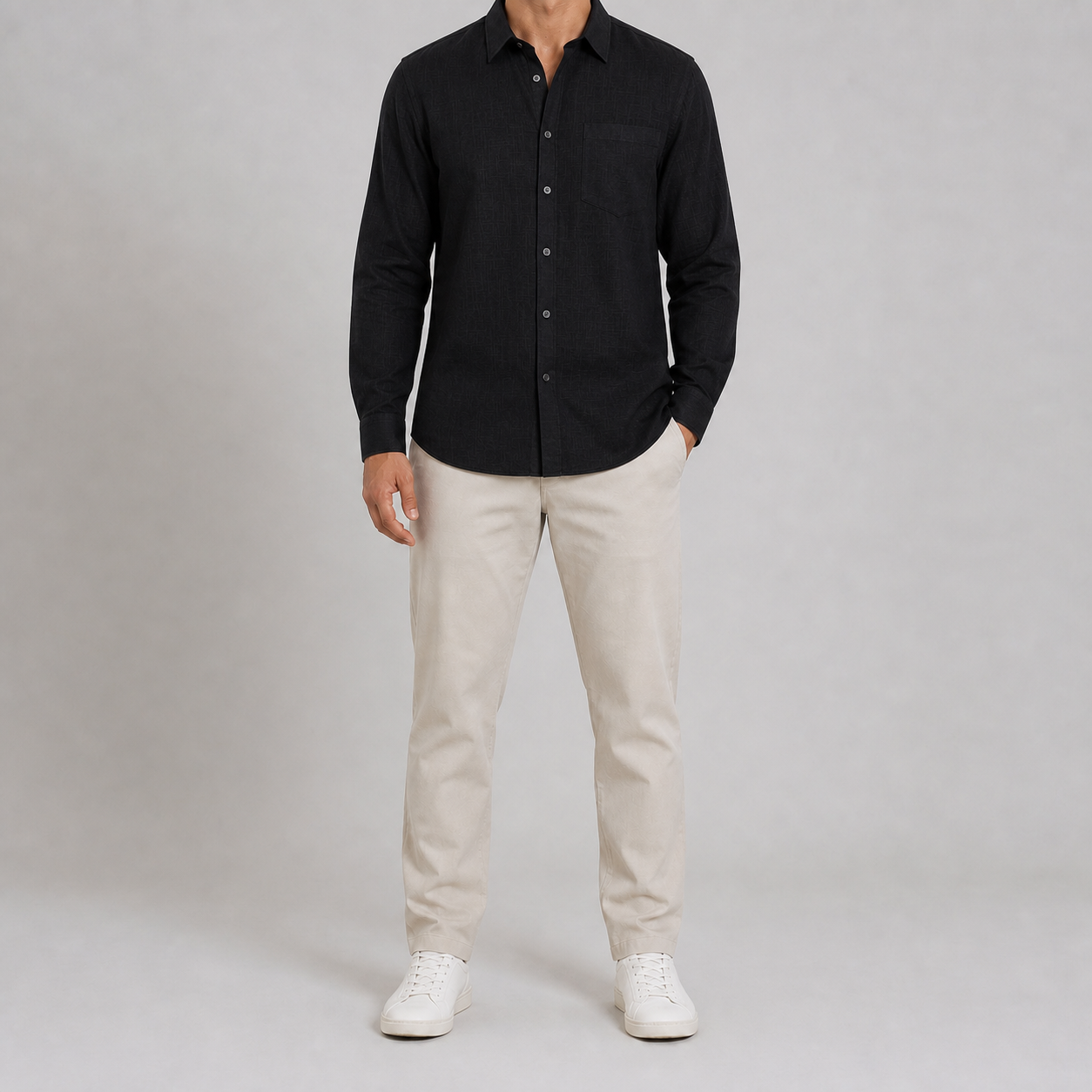 Black men's textured long-sleeve shirt