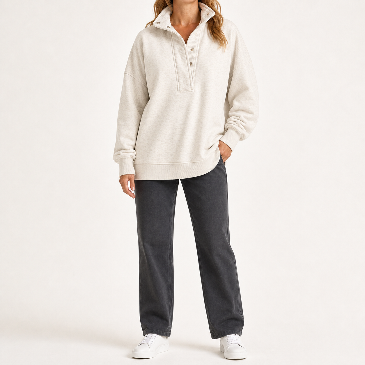 Women's soft ivory snap-collar relaxed pullover