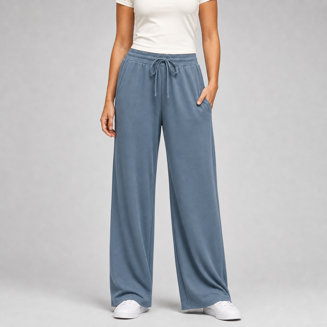 Dusty blue women's drawstring wide-leg pants