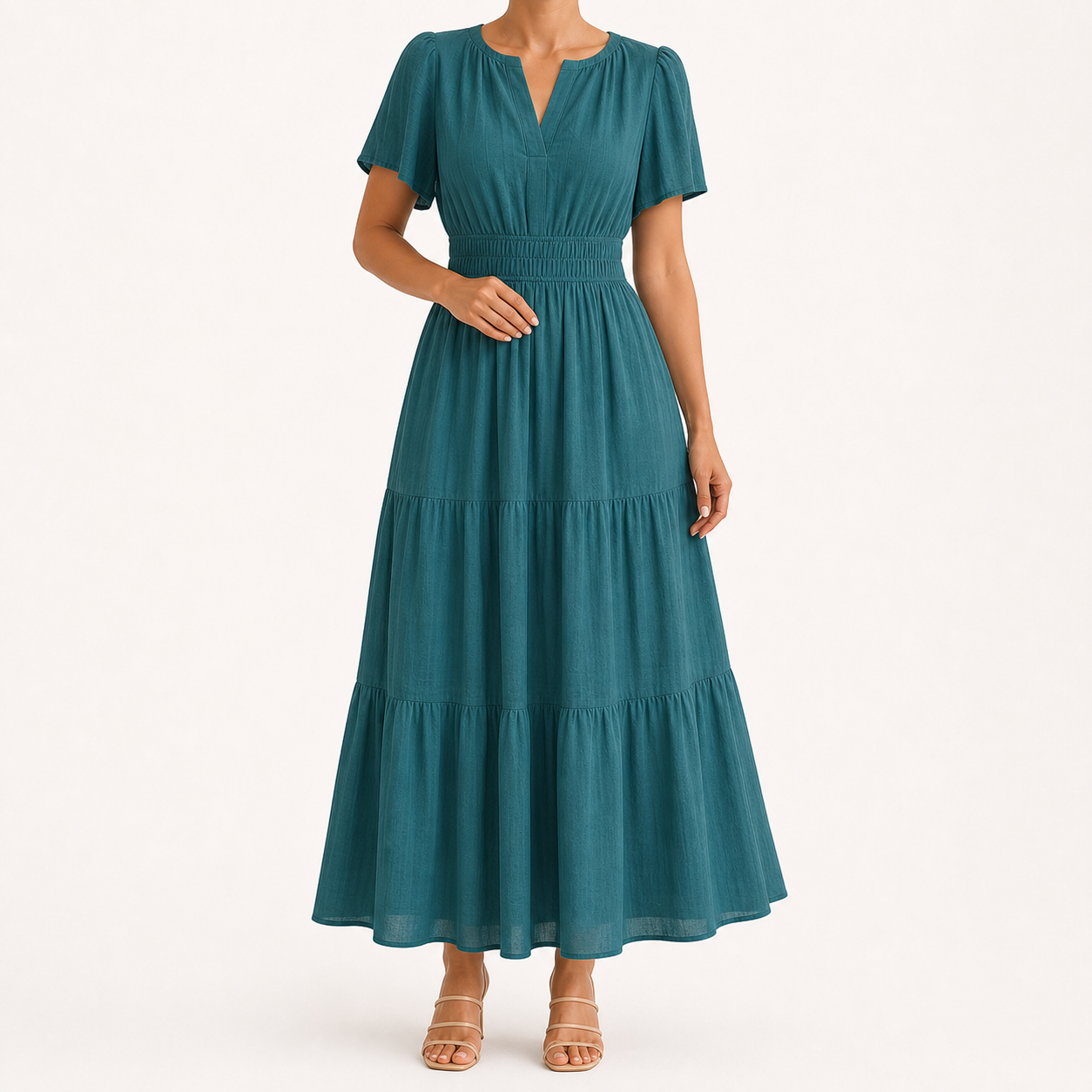 Women's teal smocked-waist tiered maxi dress