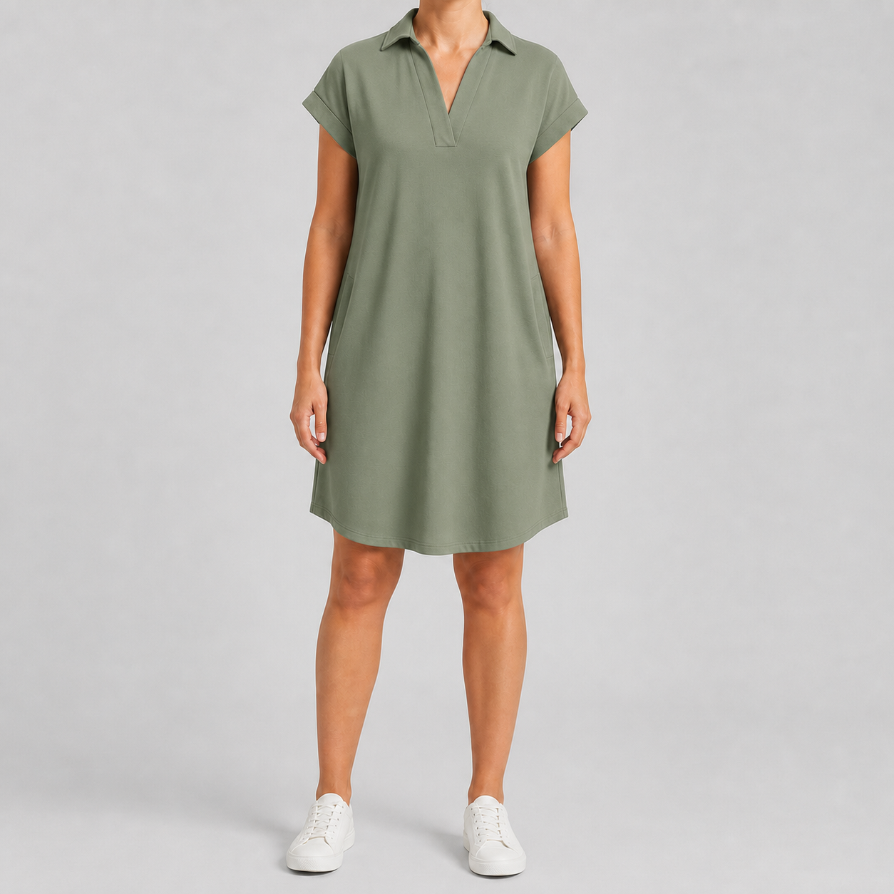 Sage green women's collared short-sleeve pocket dress