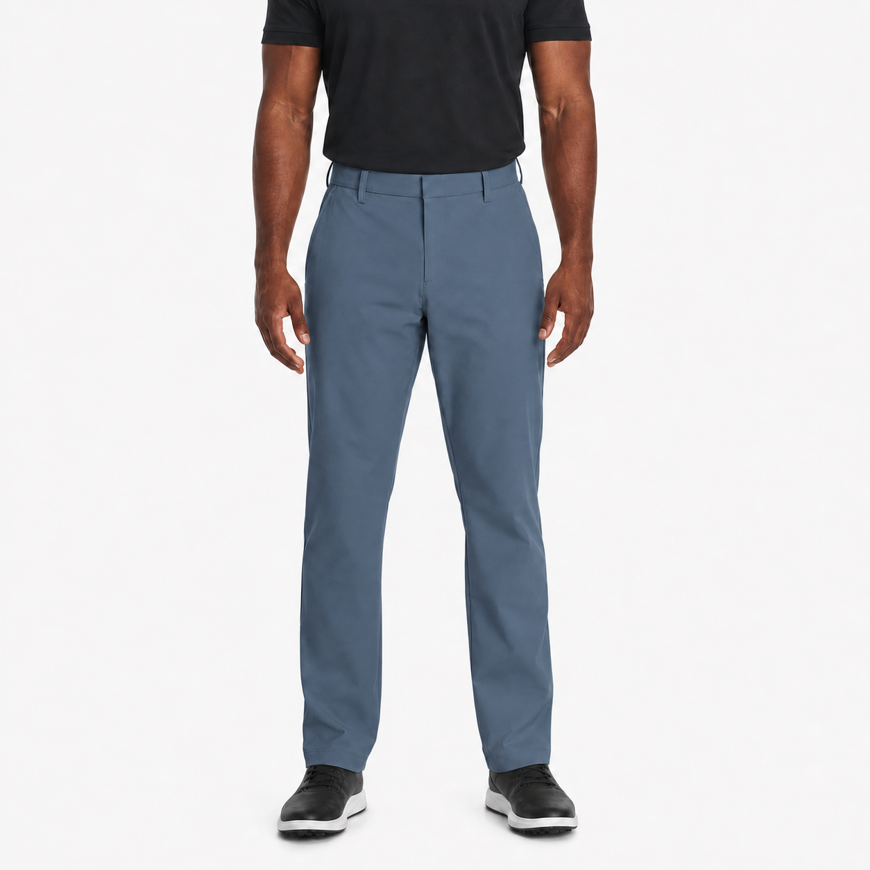 Slate blue men's flat-front straight-leg pants
