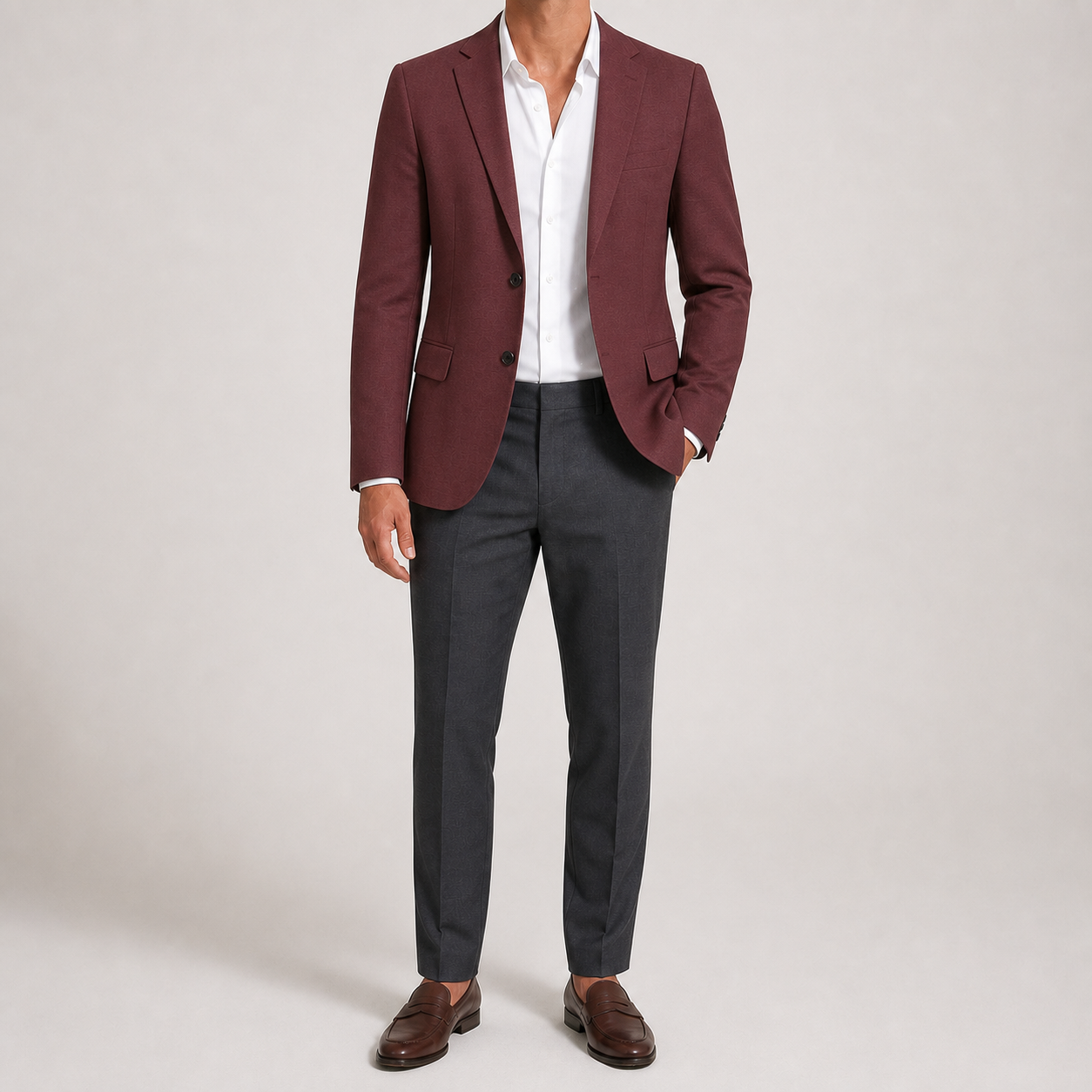 Burgundy men's two-button tailored blazer