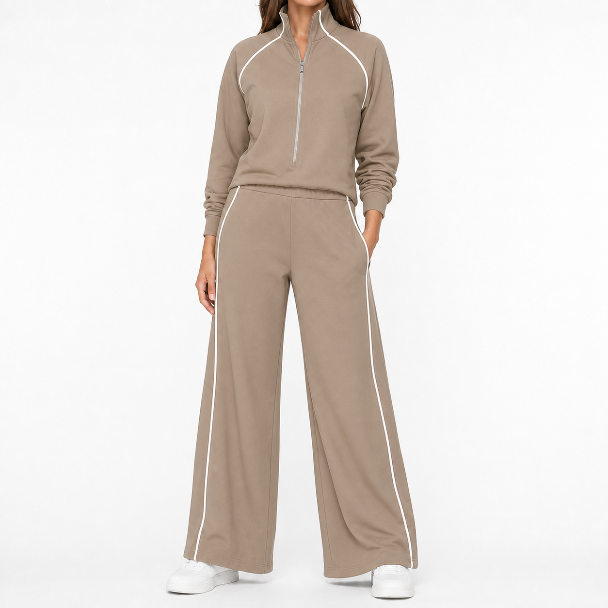 Sandstone women's piped quarter-zip wide-leg set