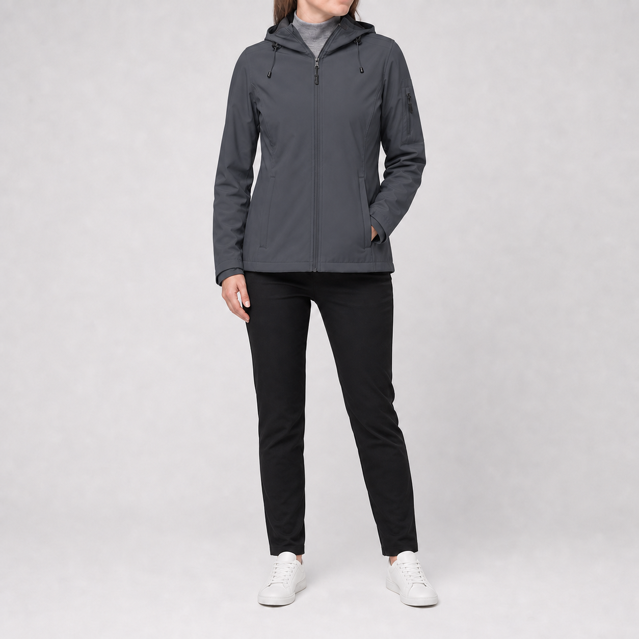 Charcoal gray women's lightweight hooded full-zip rain jacket