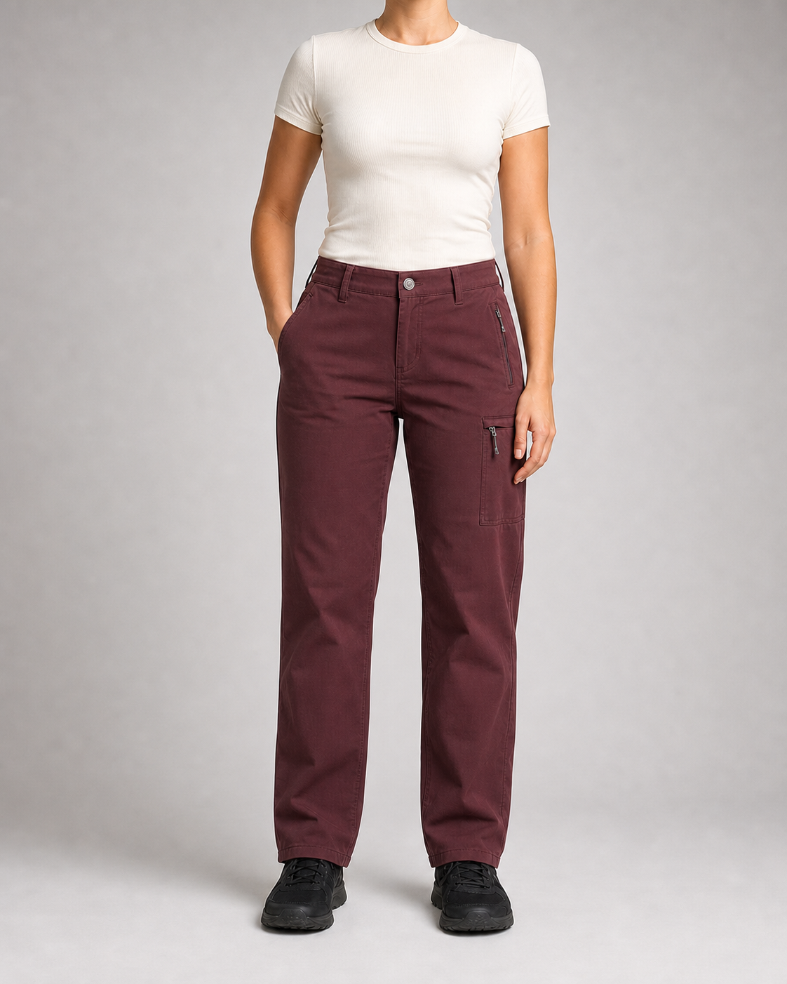 Burgundy women's zip-pocket cargo pants