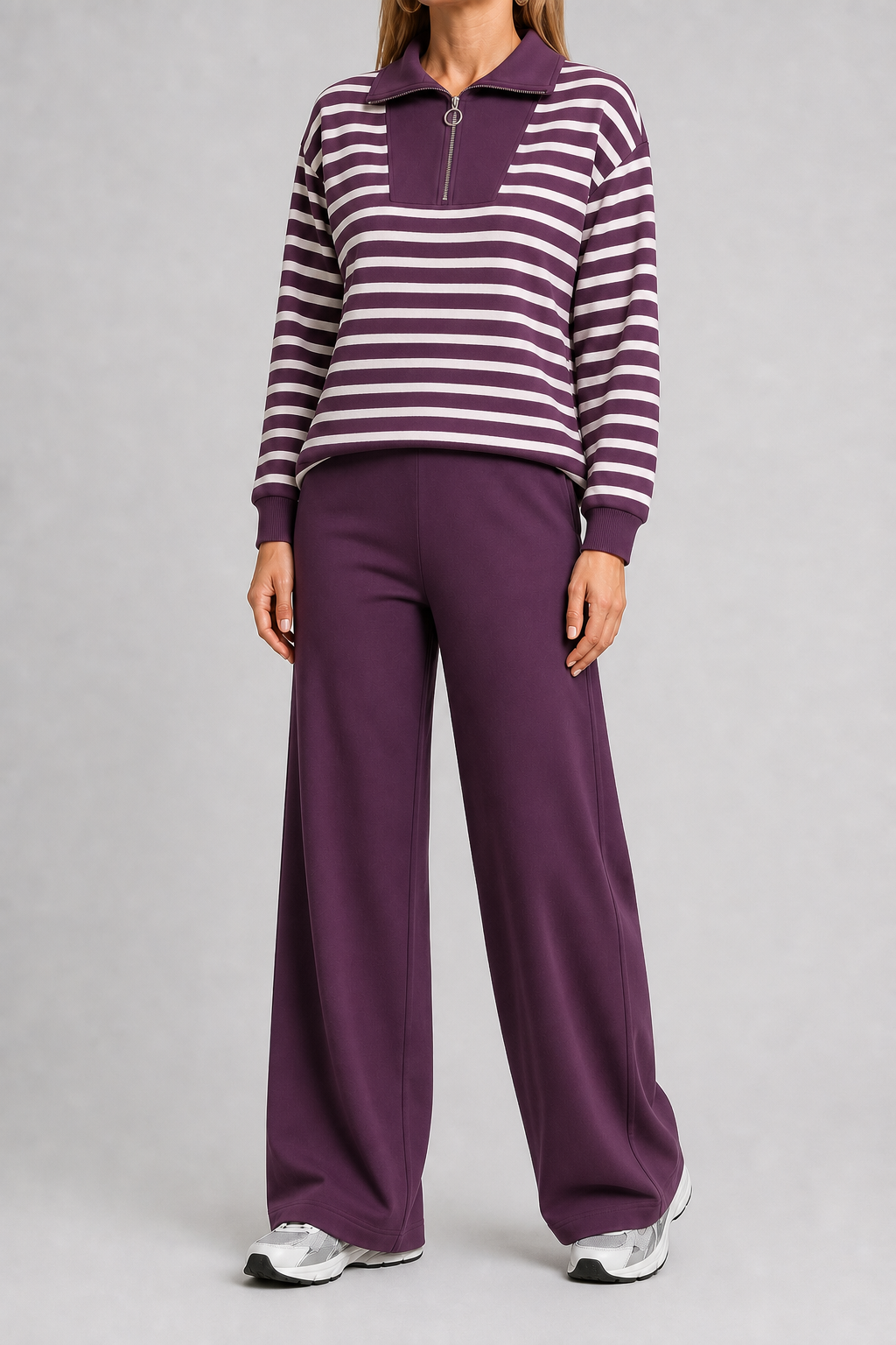 Plum stripe women's quarter-zip wide-leg set