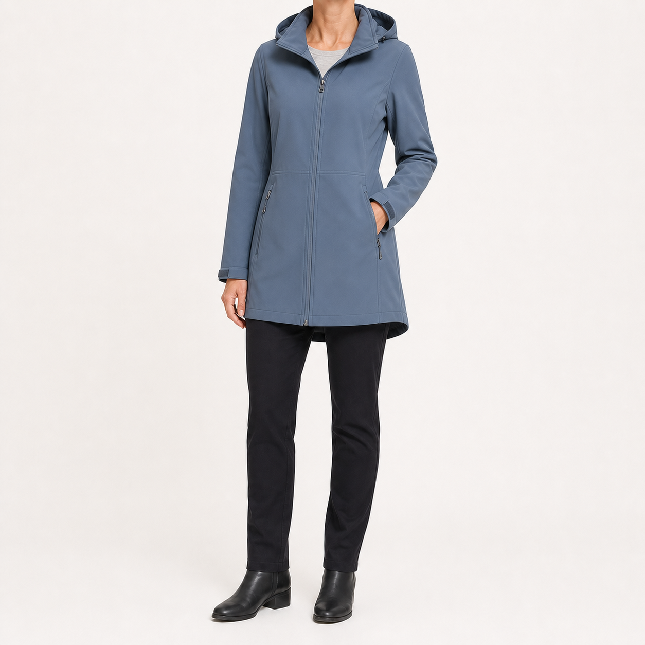 Dusty blue women's hooded mid-length zip jacket