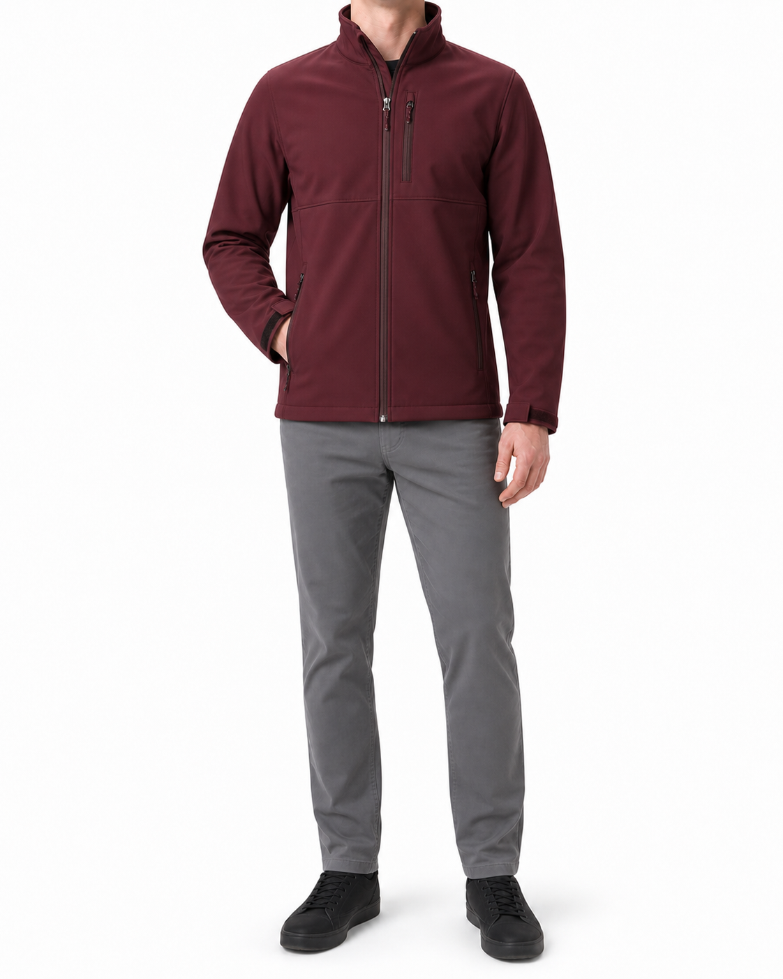Burgundy men's stand-collar zip jacket