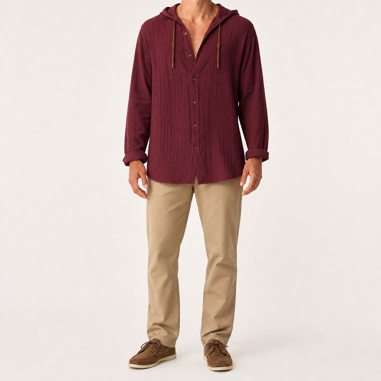 Men's hooded button shirt in deep burgundy