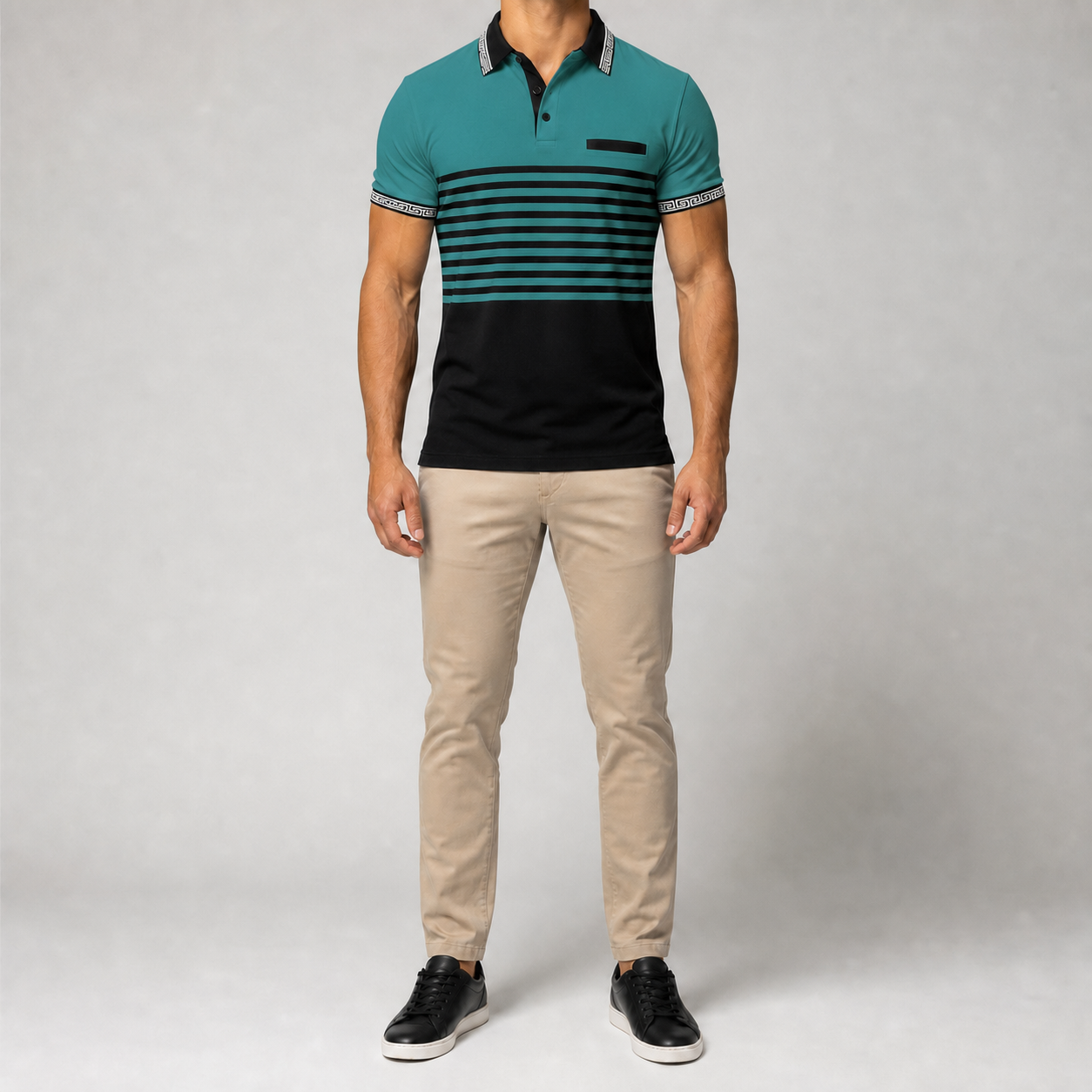 Men's teal and black striped polo