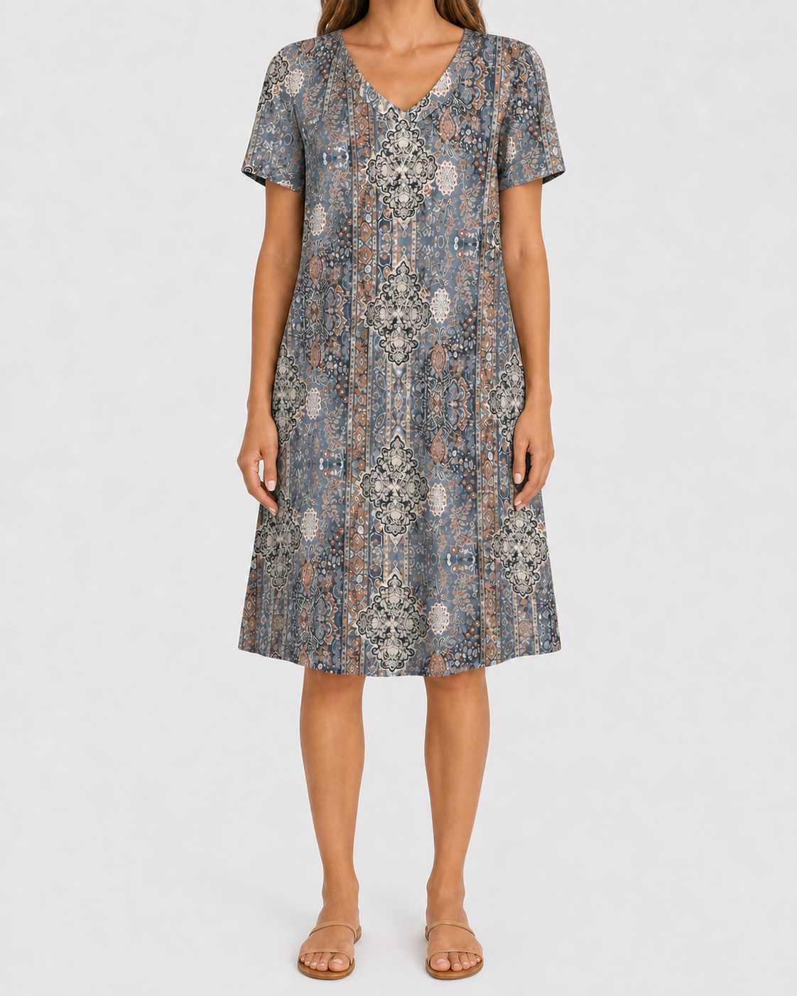 Slate blue ornamental print pocket dress