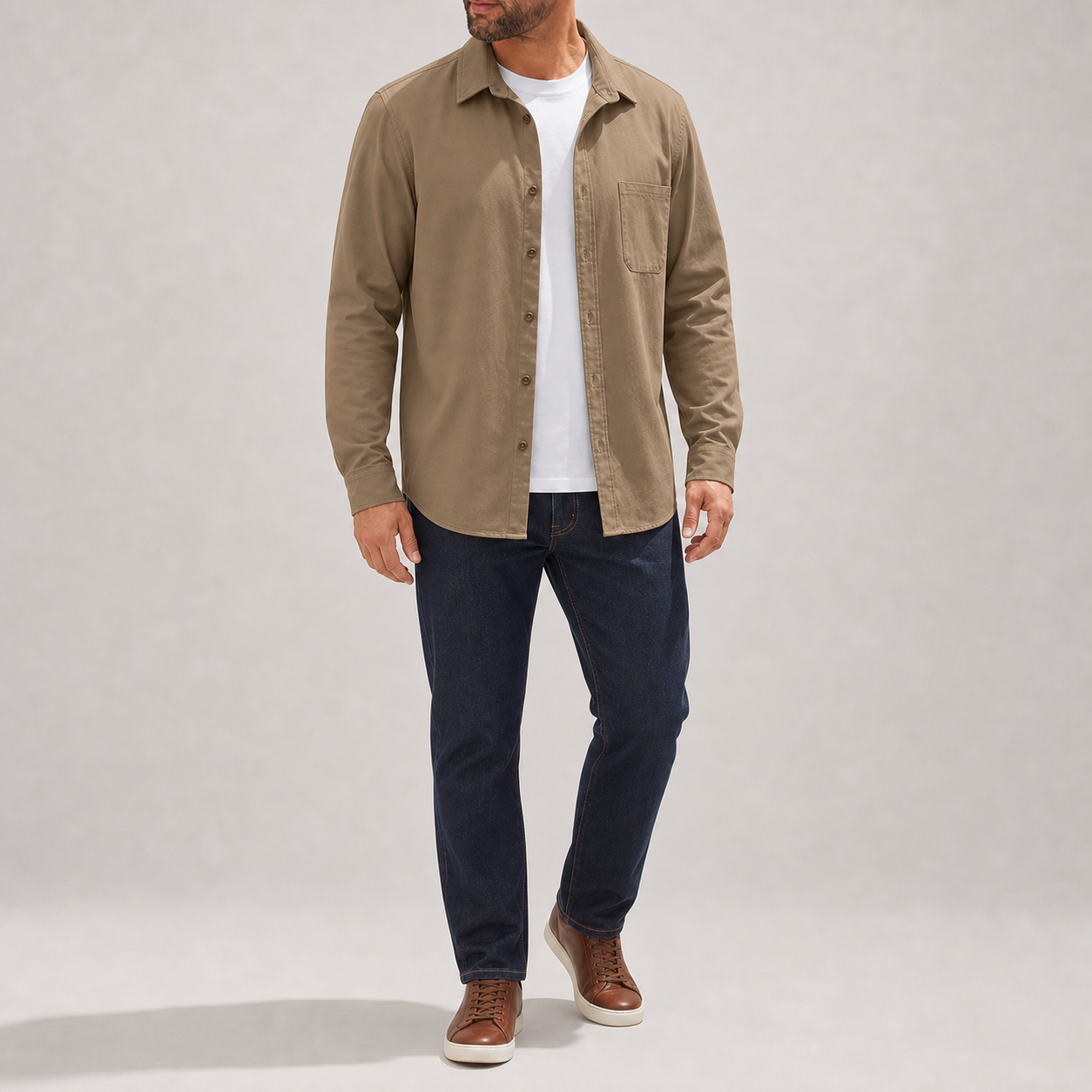 Khaki men's single-pocket long-sleeve overshirt
