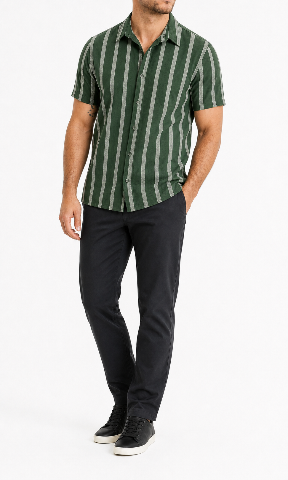 Forest green striped men's short-sleeve shirt