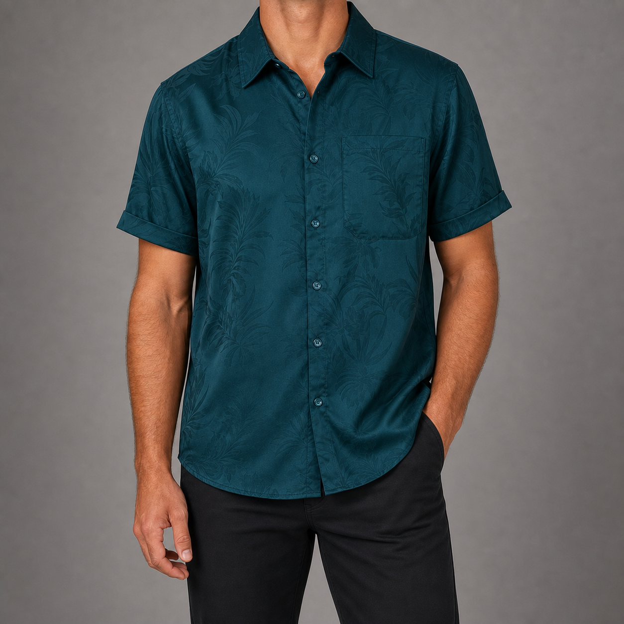 Deep teal tonal floral jacquard shirt