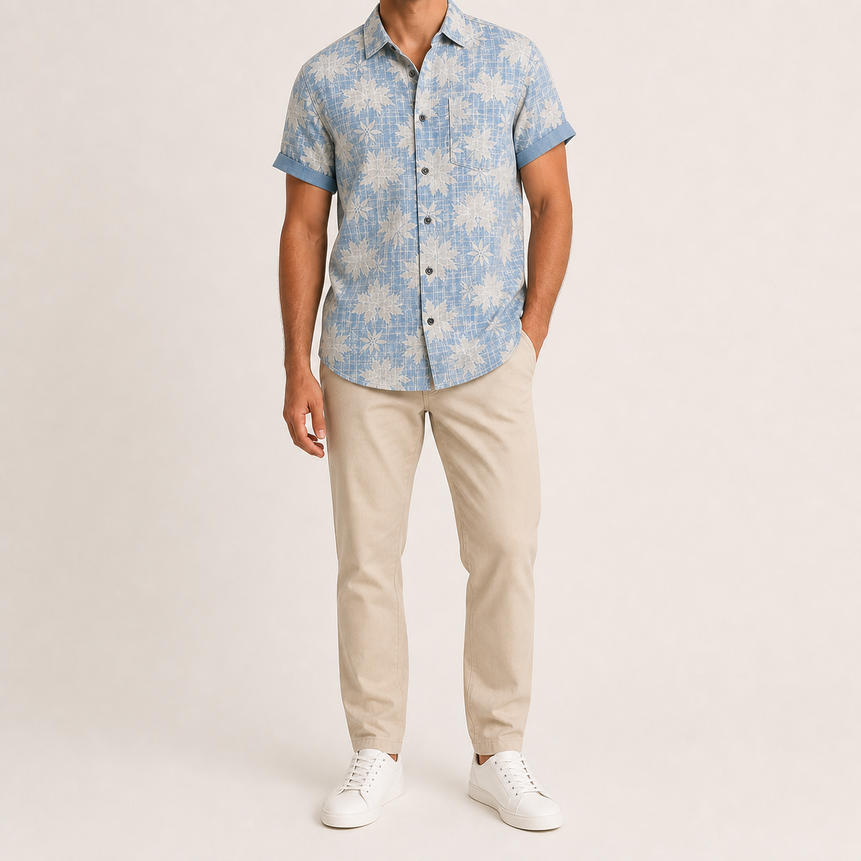Men's sky blue floral camp collar shirt