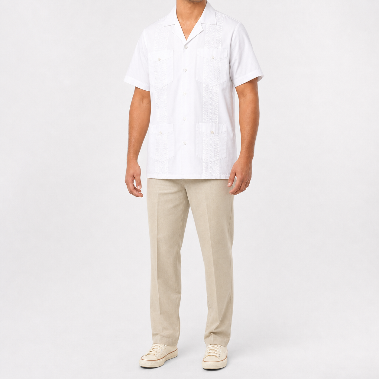 White men's four-pocket short-sleeve guayabera shirt