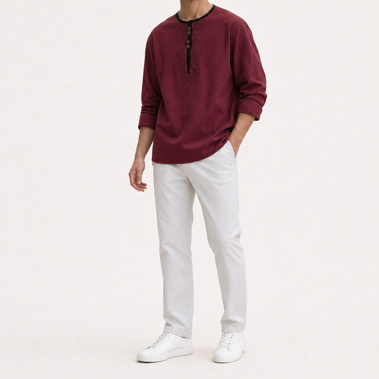 Men's burgundy wine contrast trim long sleeve Henley