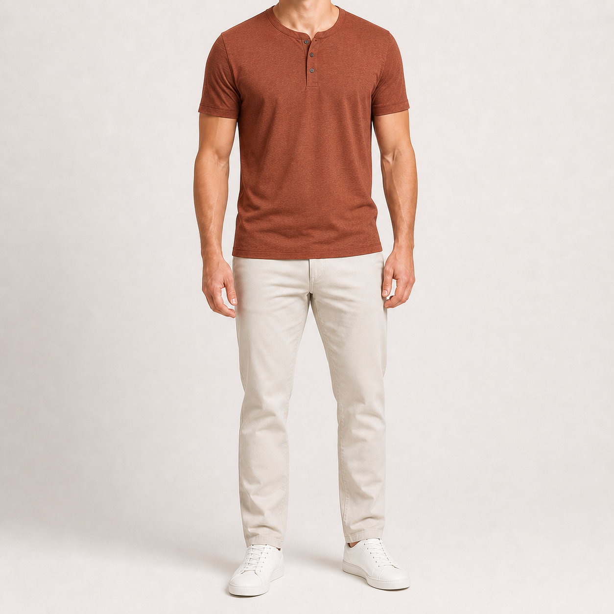 Men's rust short-sleeve three-button Henley shirt