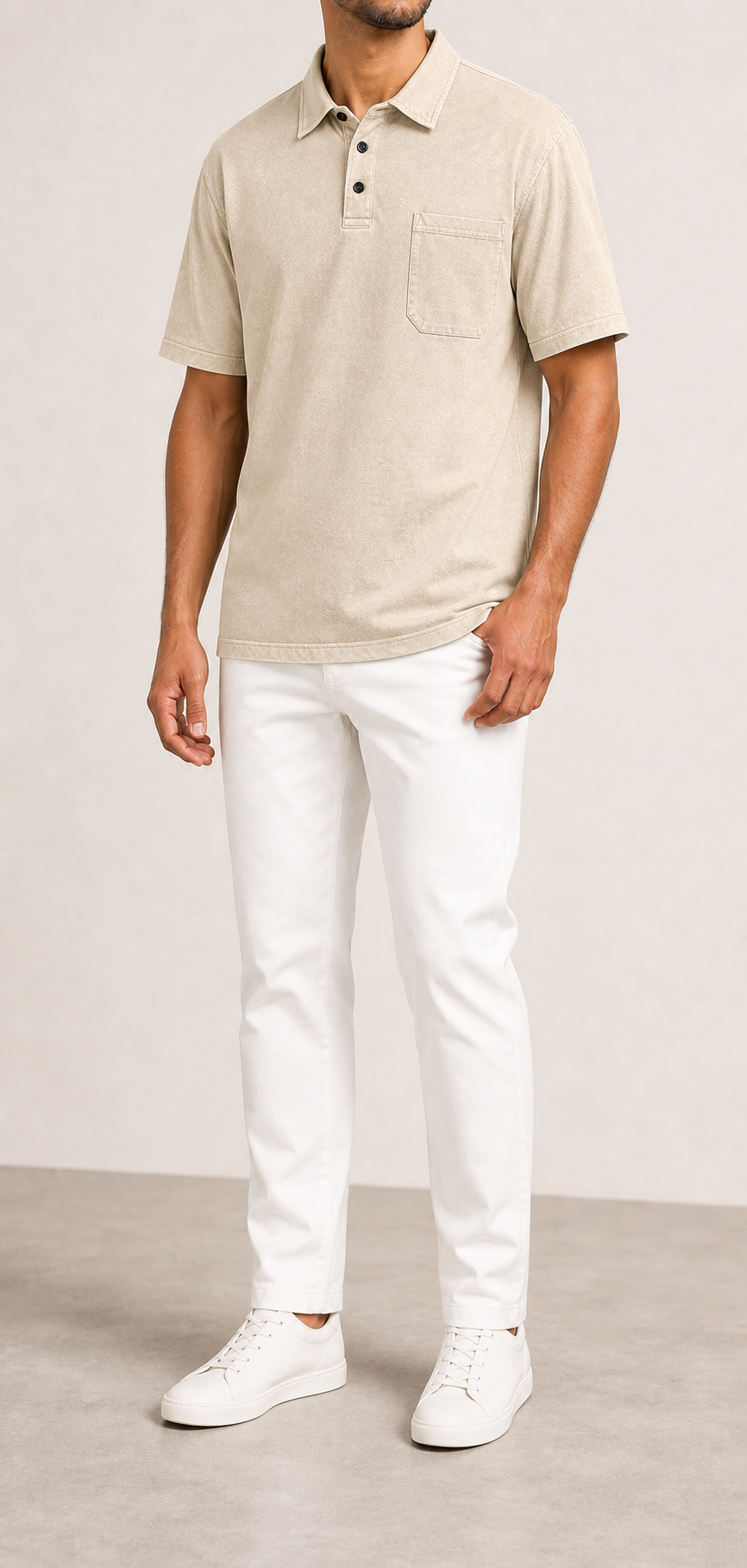 Men's washed cream pocket polo