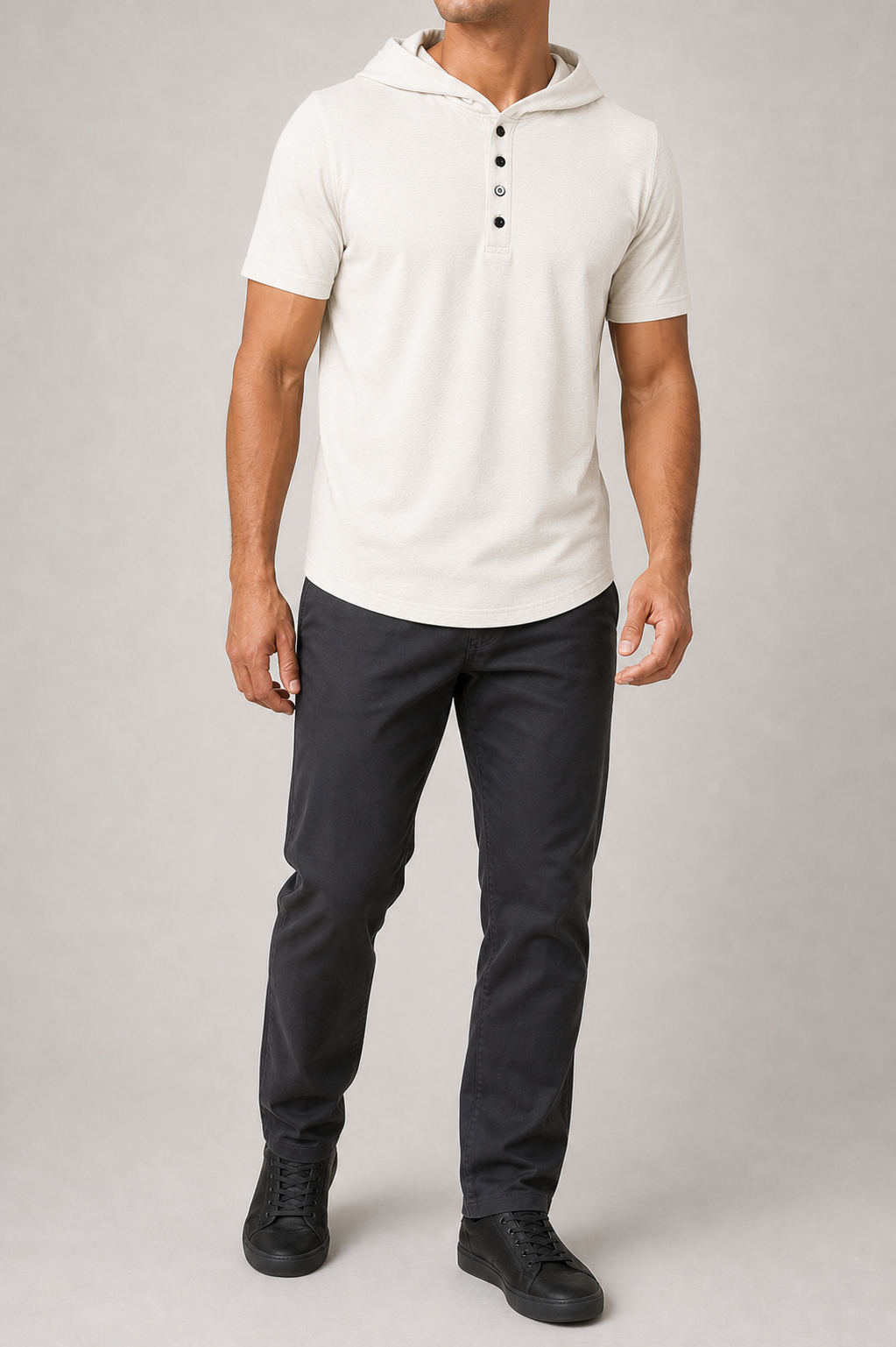 Men's ivory short-sleeve hooded Henley