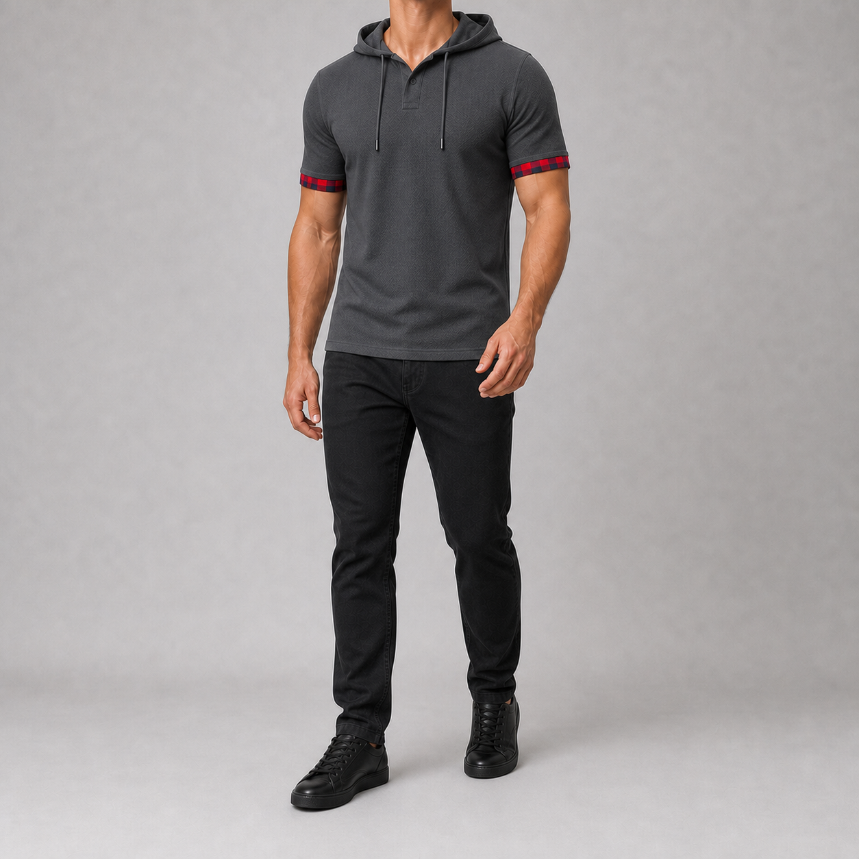 Men's hooded Henley shirt in charcoal