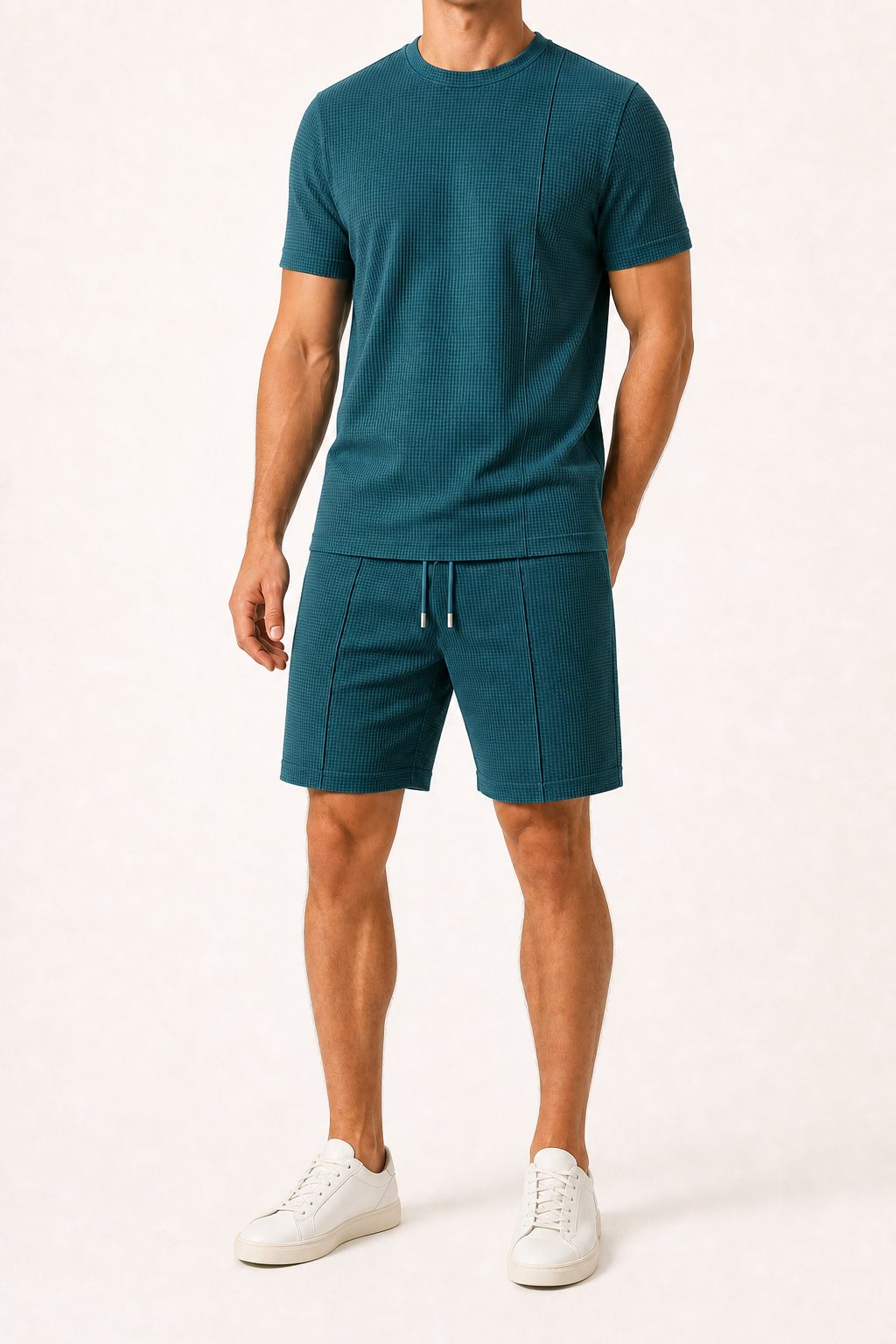 Men's waffle knit shirt and shorts set in deep teal