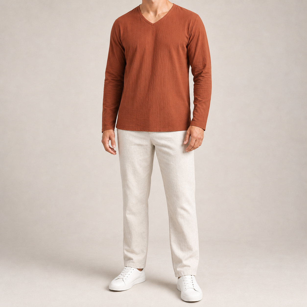 Men's rust long-sleeve V-neck shirt
