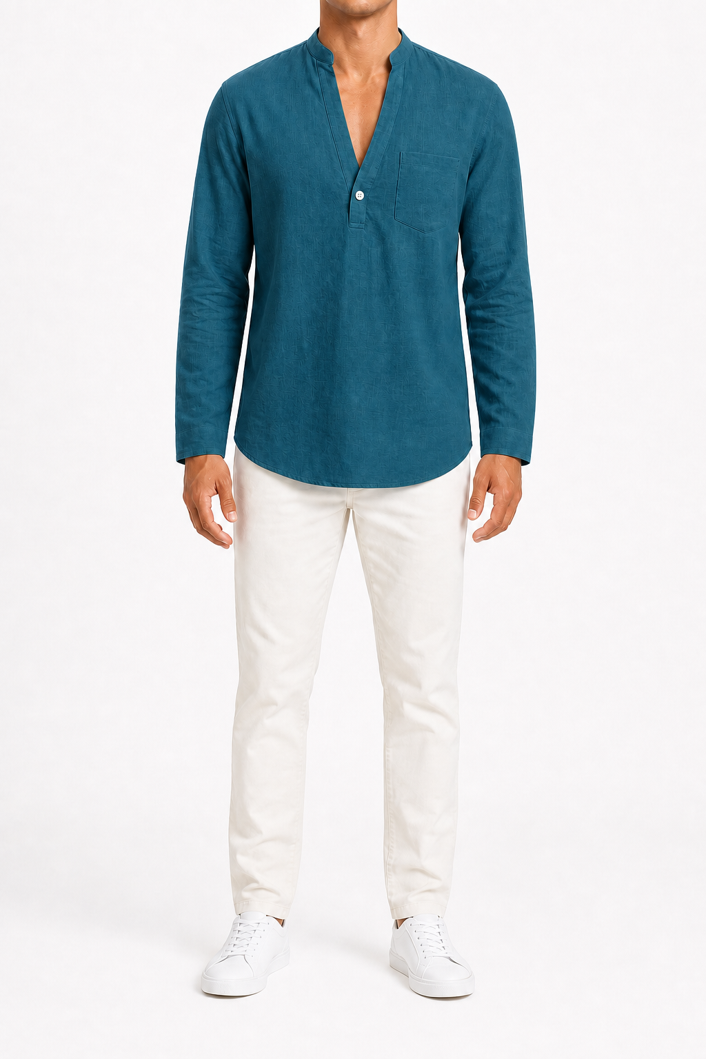 Men's deep teal long-sleeve split-neck shirt