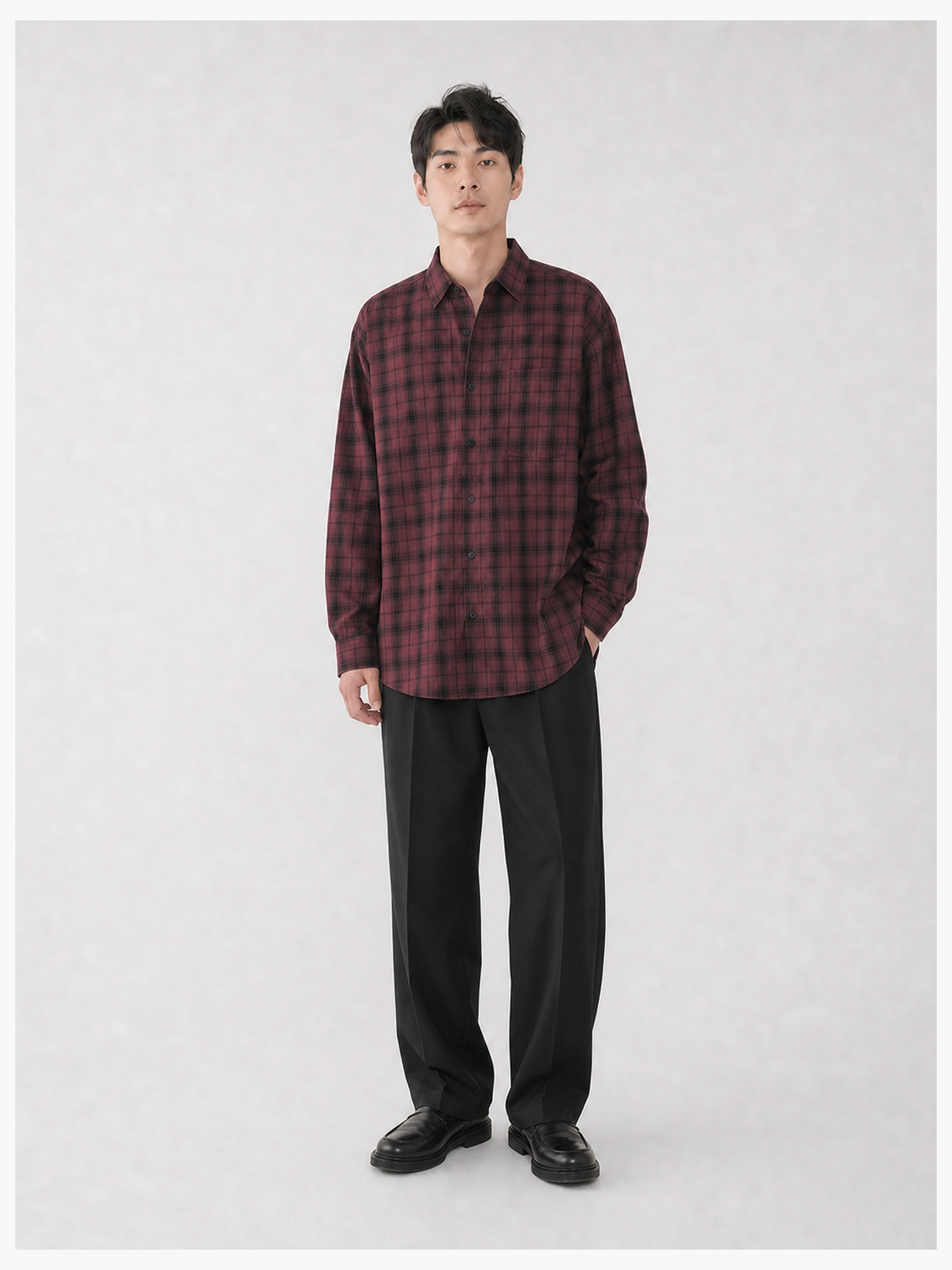 Men's muted burgundy relaxed plaid shirt