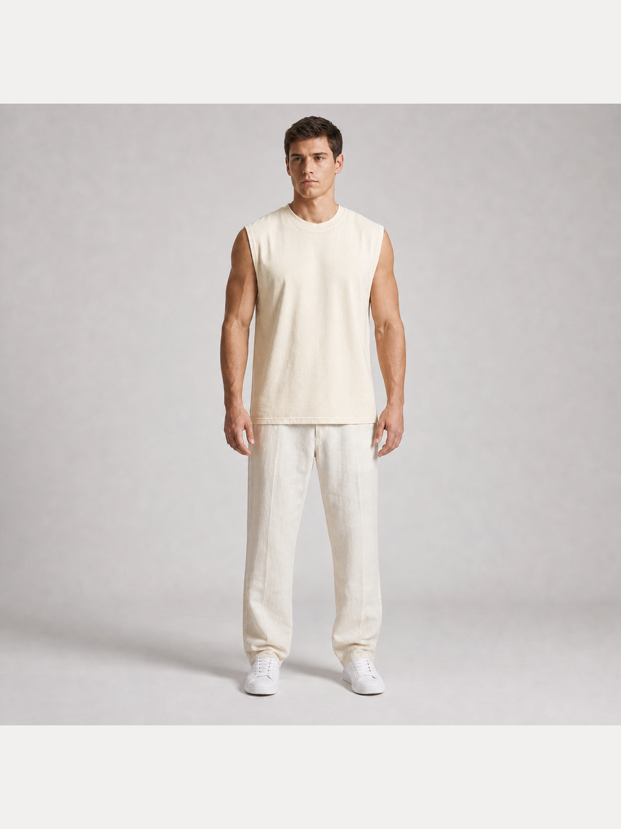 Men's washed sleeveless T-shirt in natural cream