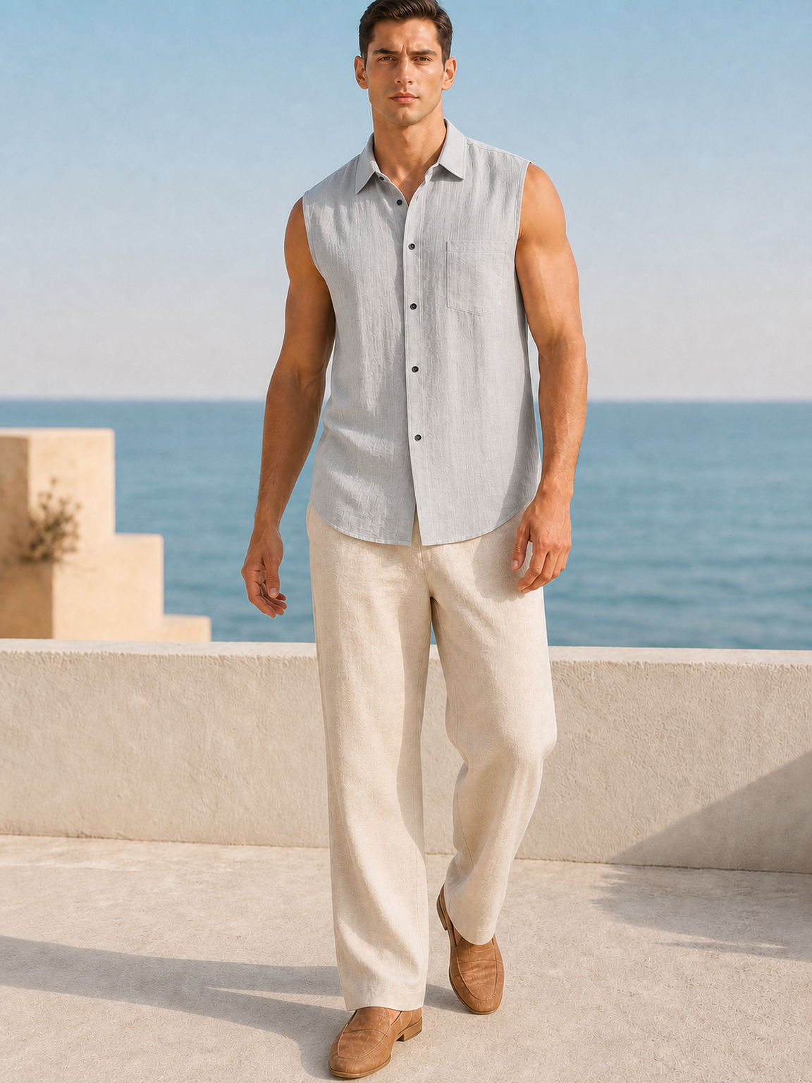 Men's light gray sleeveless linen blend shirt