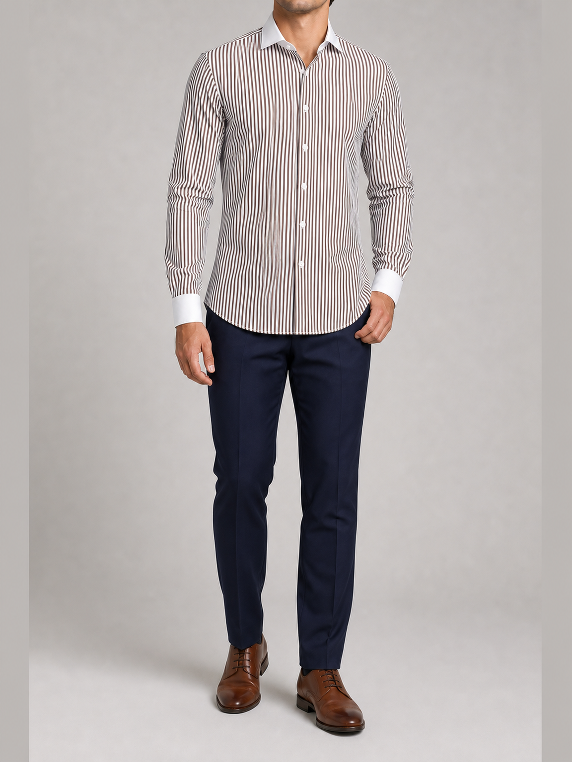 Men's chocolate brown vertical stripe contrast collar shirt
