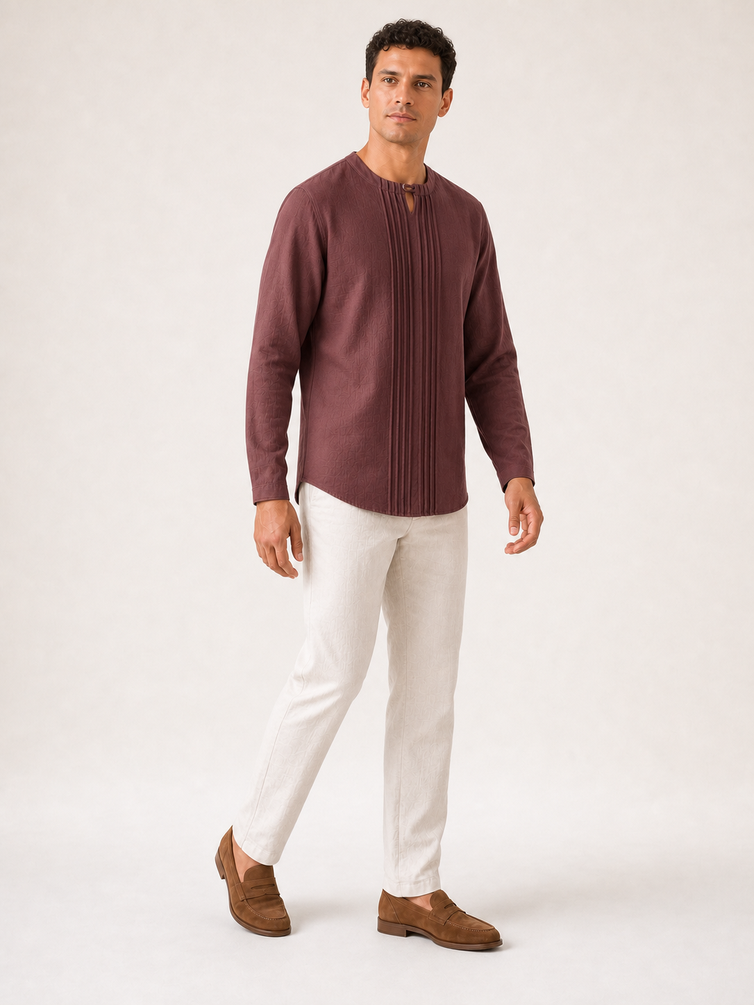 Men's dusty burgundy pintuck keyhole shirt