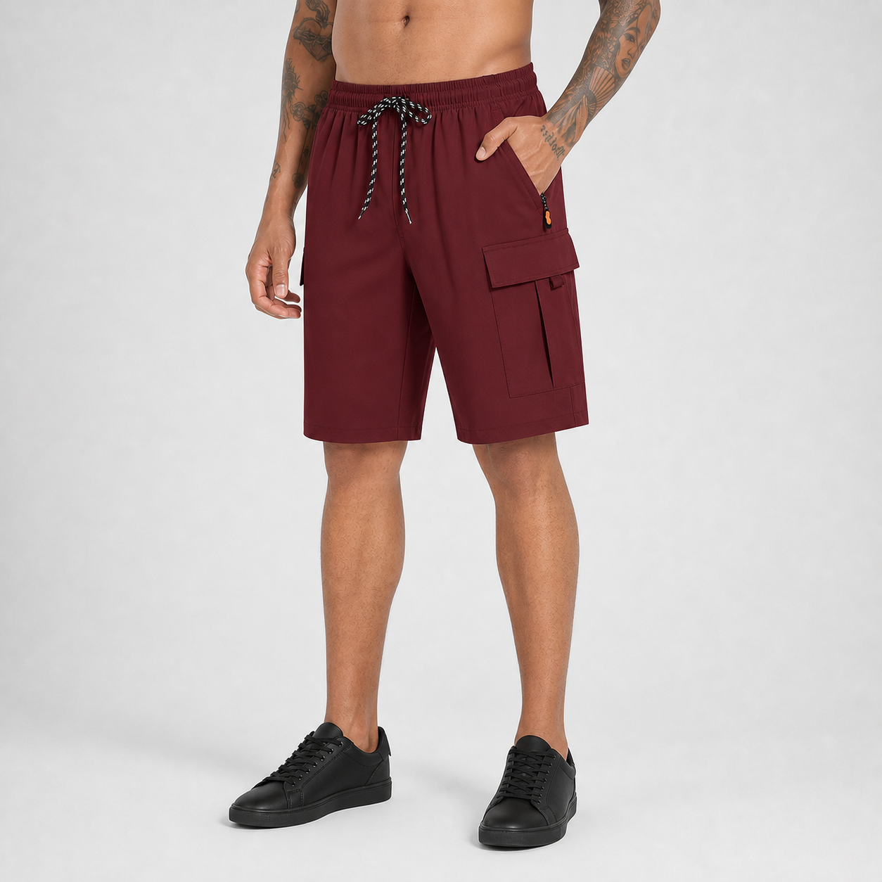 Deep burgundy men's drawstring utility cargo shorts