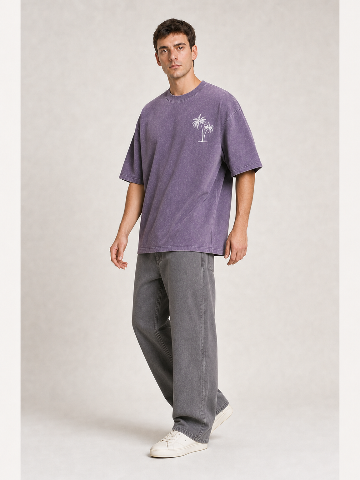 Men's washed muted violet palm graphic oversized T-shirt