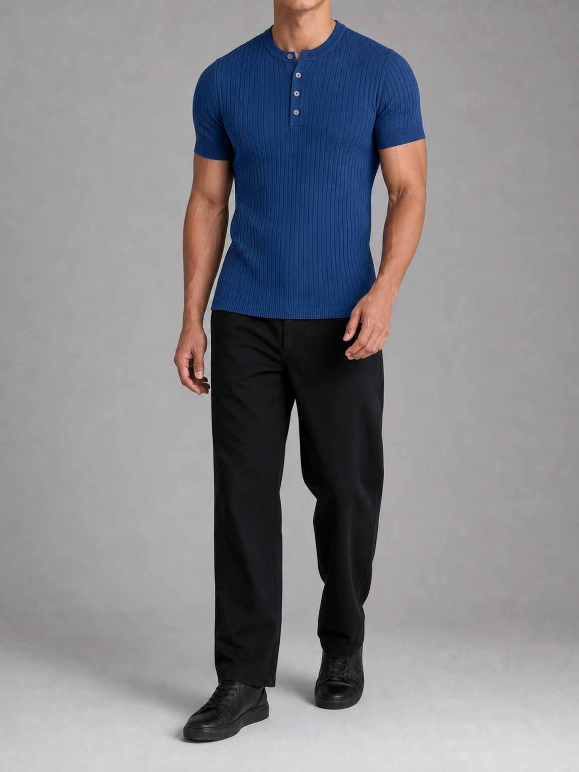 Men's cobalt blue fitted rib-knit four-button Henley shirt
