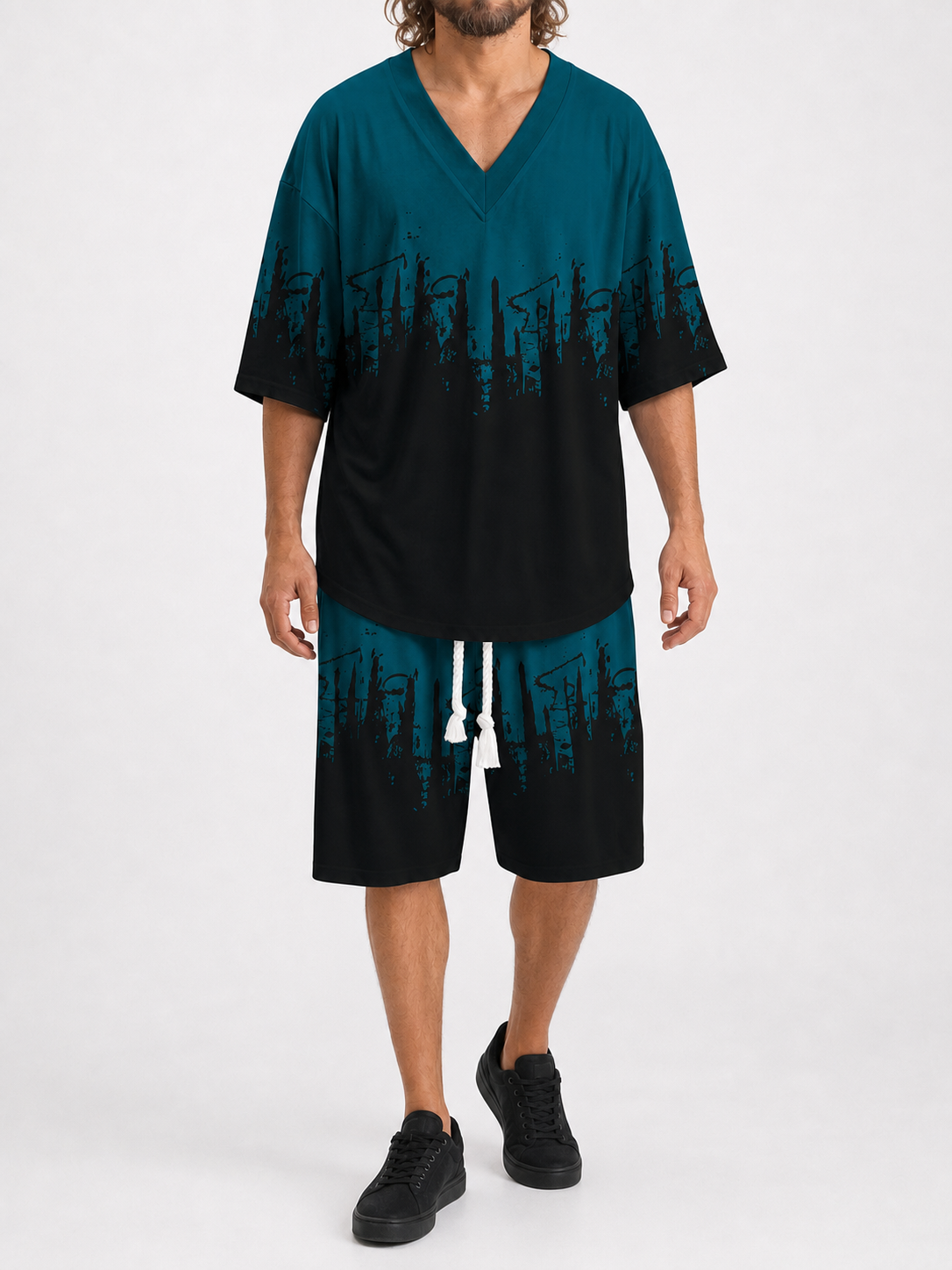 Men's deep teal black city print two-piece set