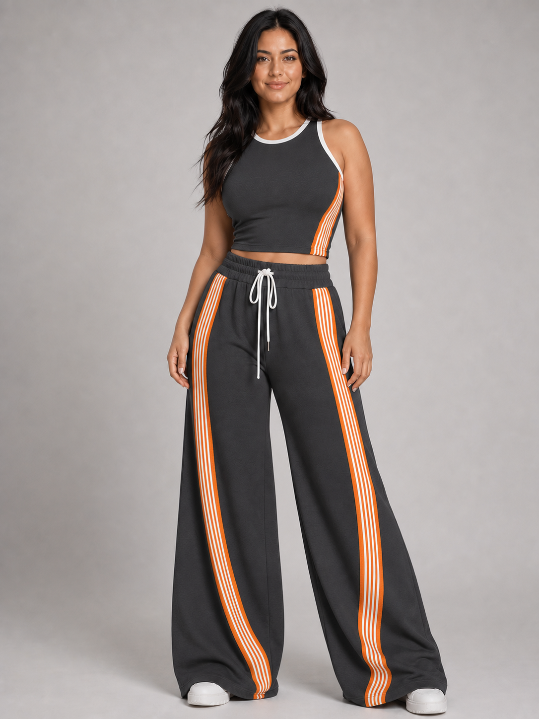 Women's charcoal contrast stripe wide-leg two-piece set