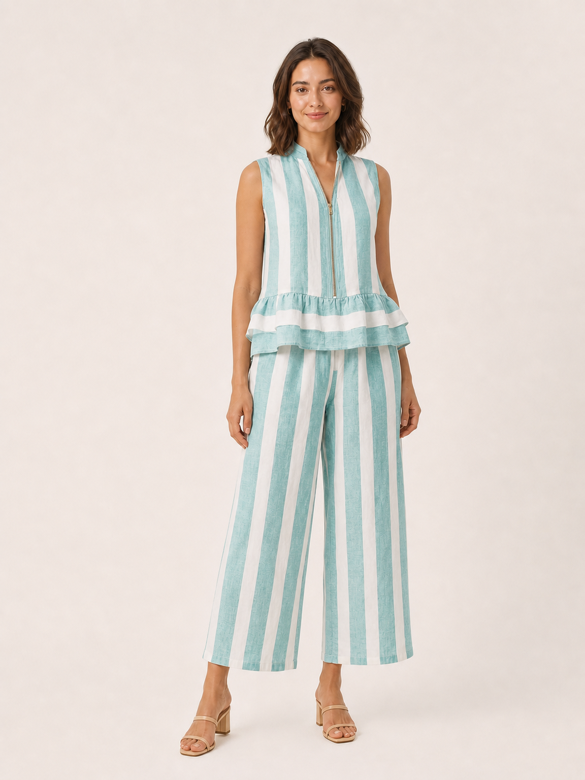 Women's aqua teal striped zip peplum wide-leg set