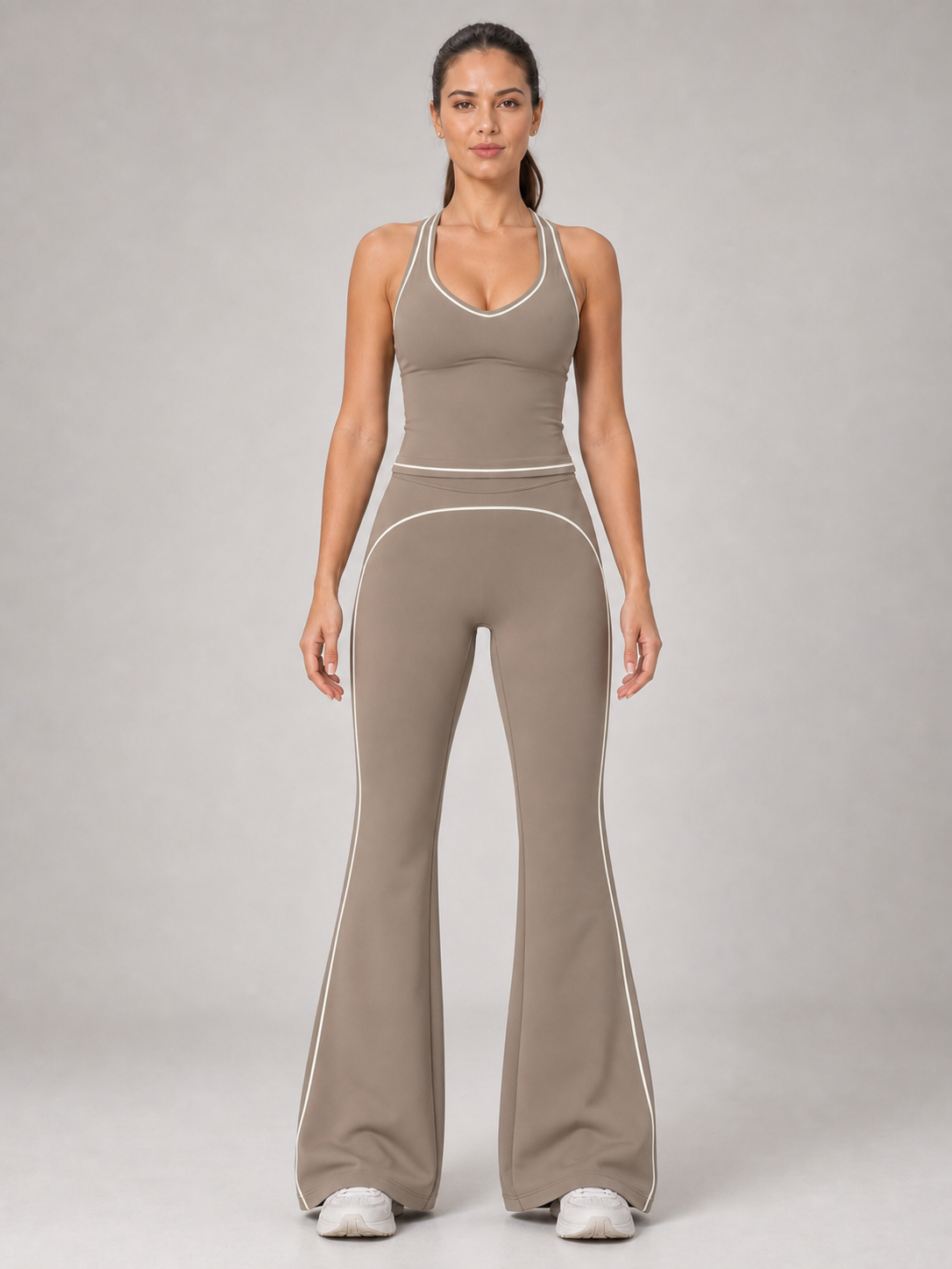 Women's soft taupe contrast-trim flare active set