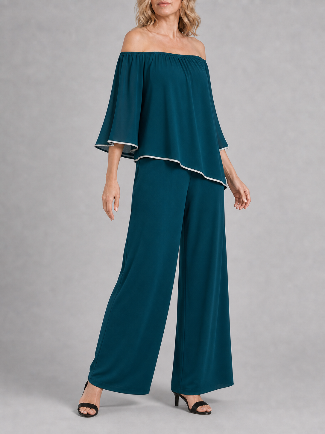 Women's deep teal off-shoulder wide-leg two-piece set