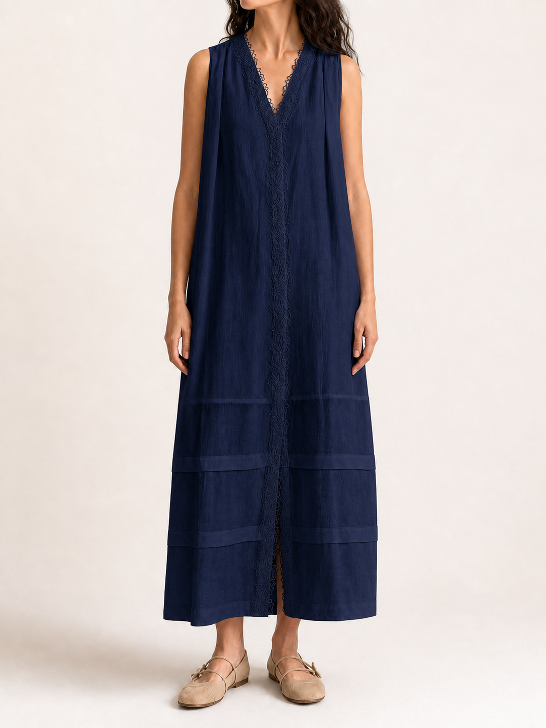Women's lace-trim maxi dress in deep navy