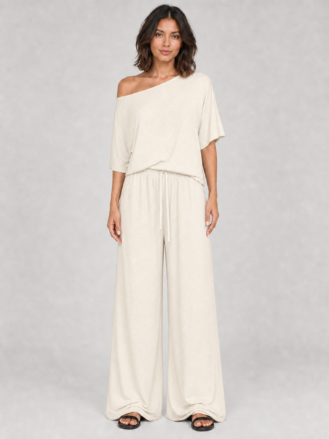 Women's cream one-shoulder wide-leg set
