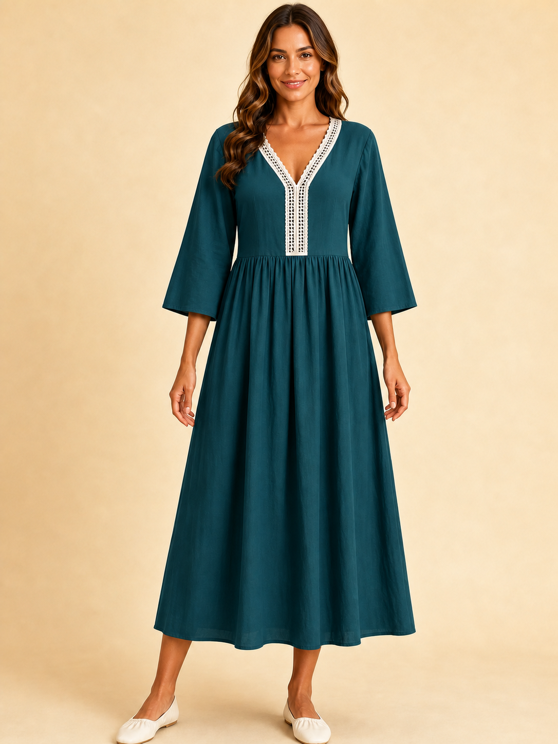 Women's contrast-lace dress in deep teal